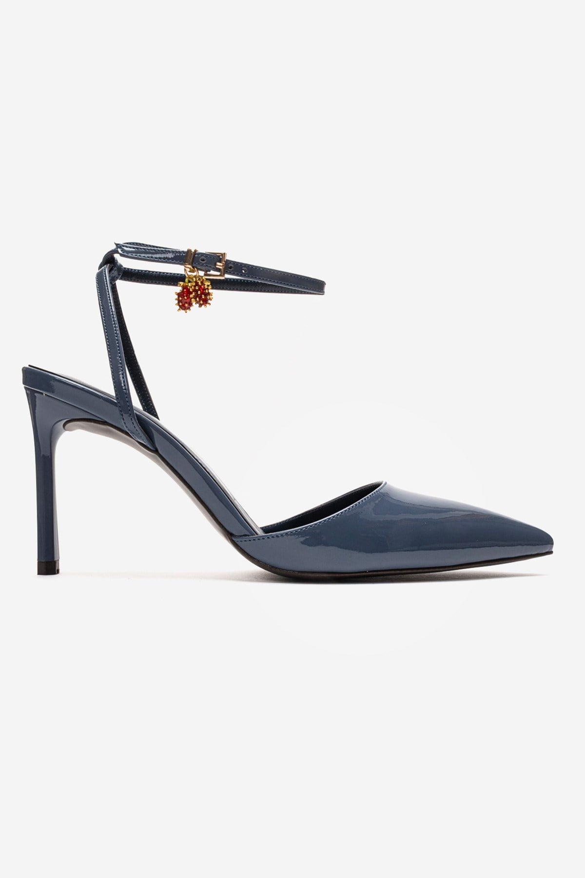 THALIA - Smoky Blue Patent Stiletto Pump – detail view showing leather, blue, Vowalisse