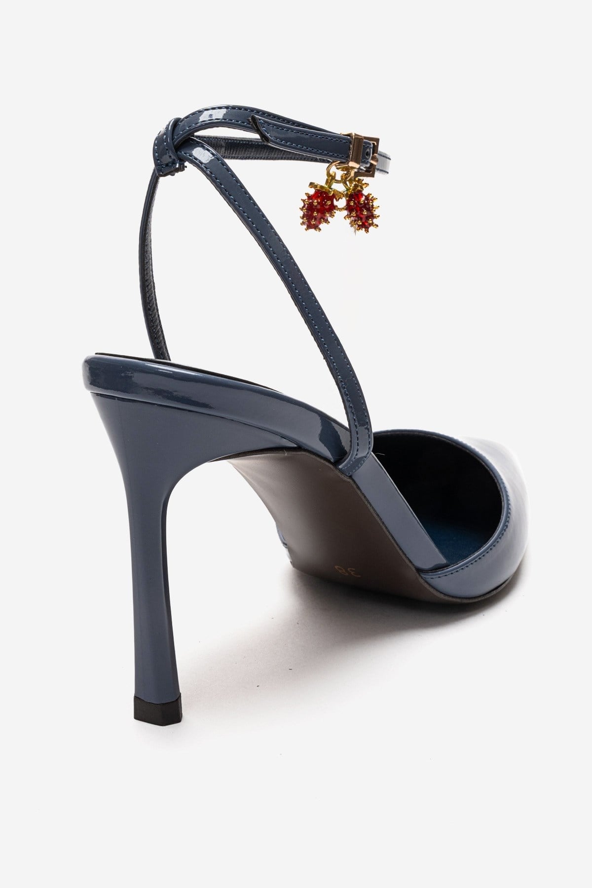 THALIA - Smoky Blue Patent Stiletto Pump – heel view showing leather, blue, Vowalisse
