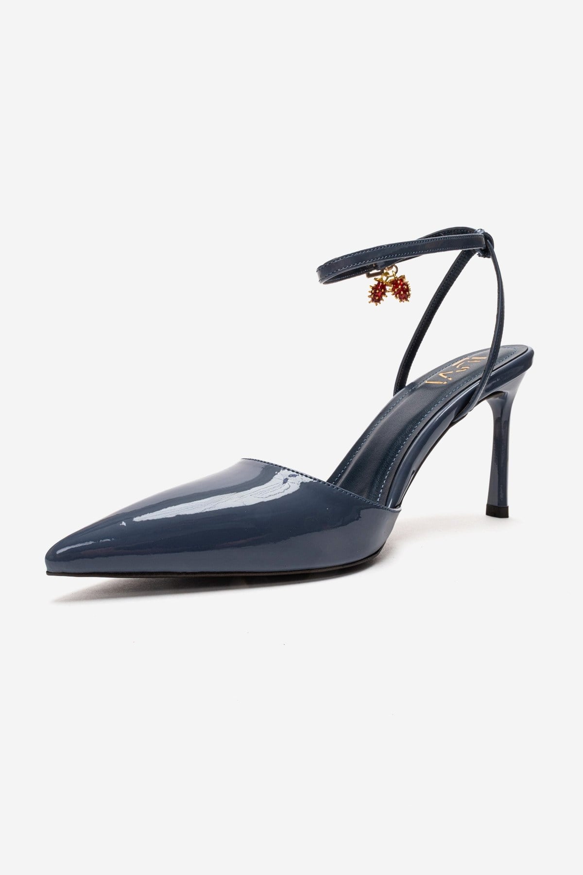 THALIA - Smoky Blue Patent Stiletto Pump – back view showing leather, blue, Vowalisse