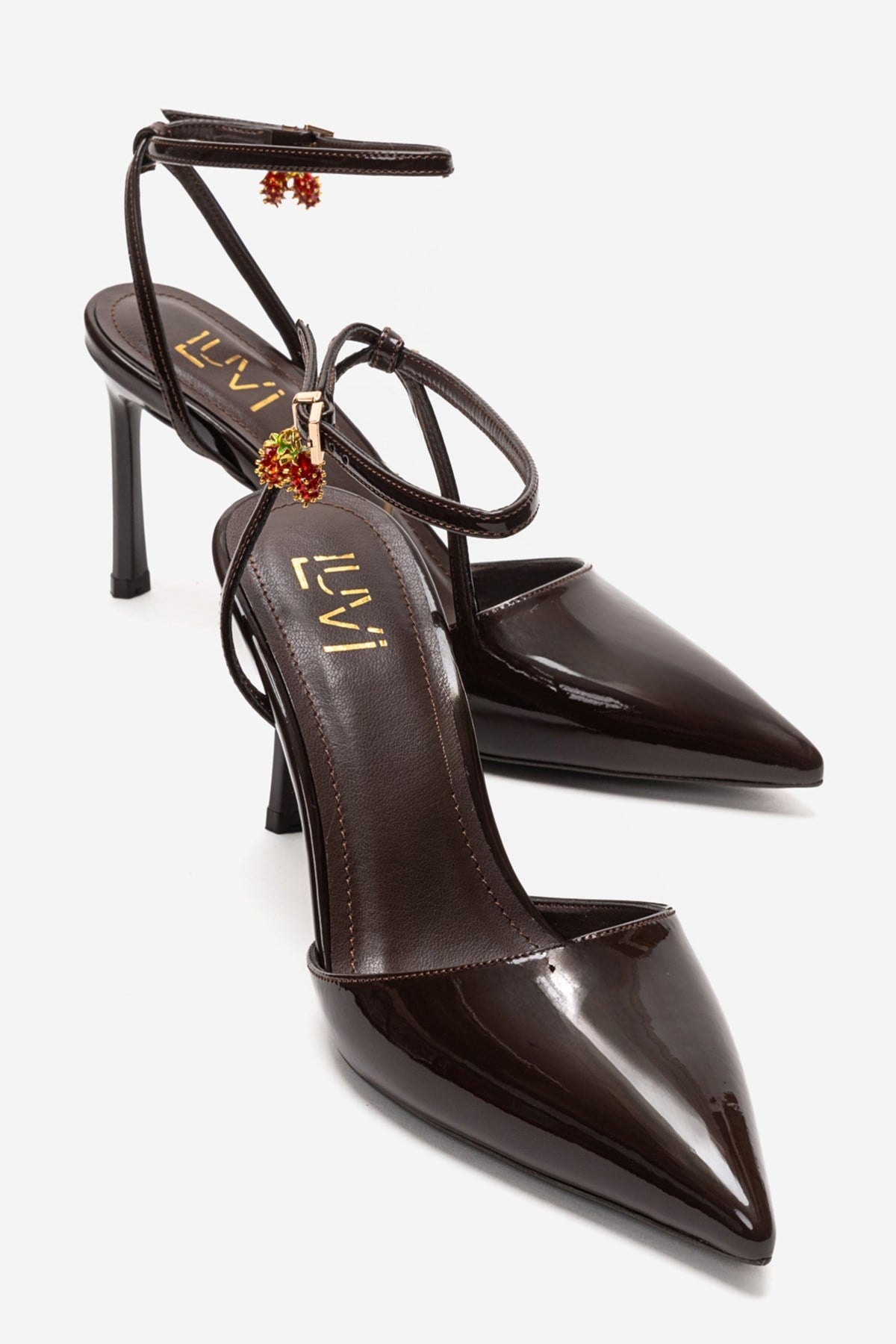 THALIA - Brown Patent Stiletto Pump – front three-quarter view showing leather, Vowalisse