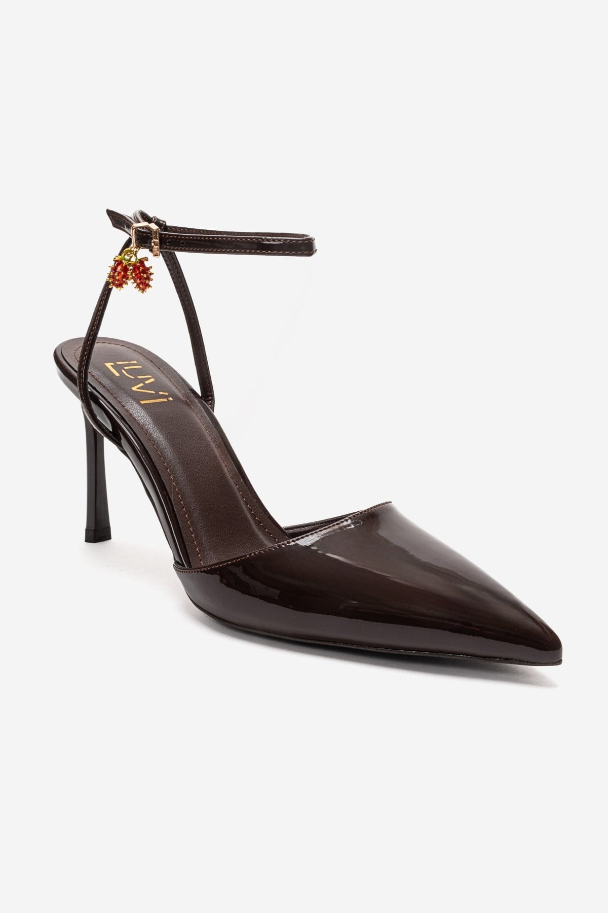 THALIA - Brown Patent Stiletto Pump – detail view showing leather, Vowalisse