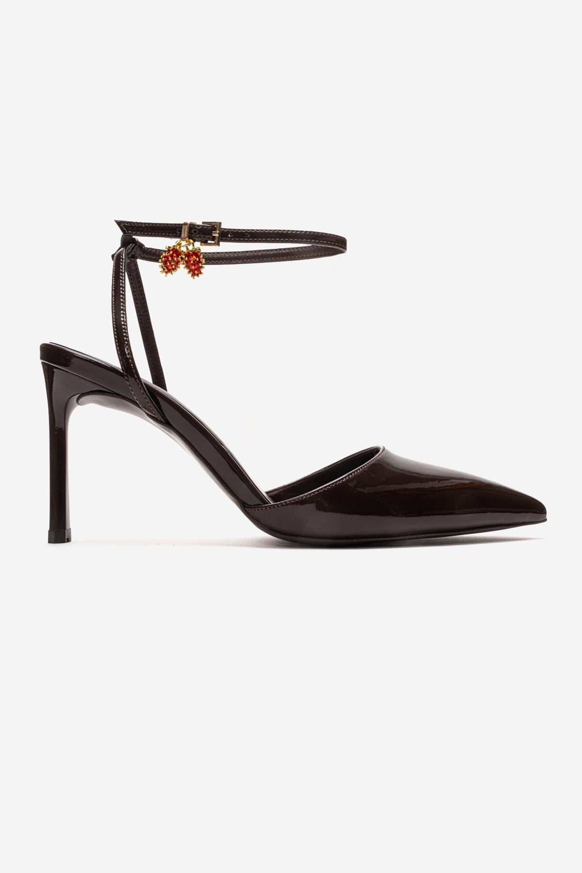 THALIA - Brown Patent Stiletto Pump – heel view showing leather, Vowalisse