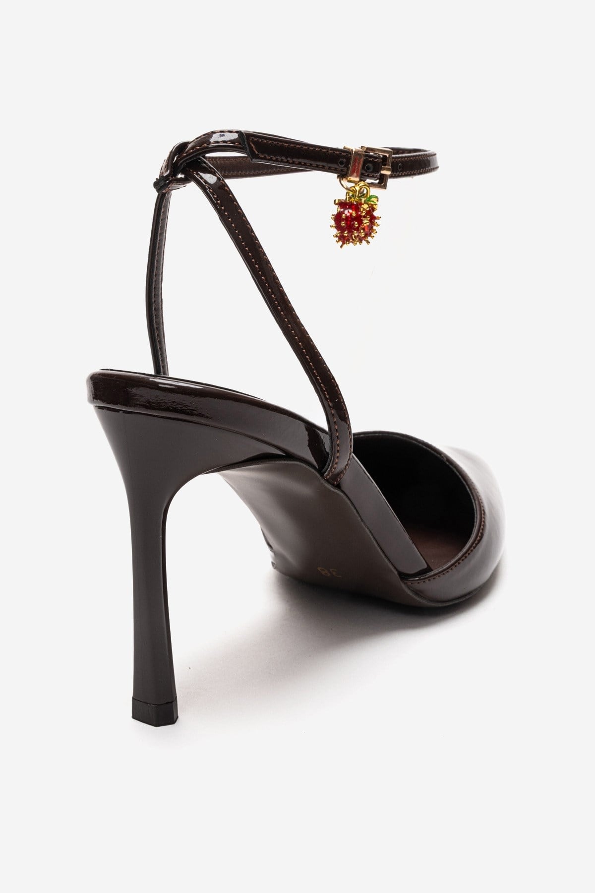 THALIA - Brown Patent Stiletto Pump – back view showing leather, Vowalisse