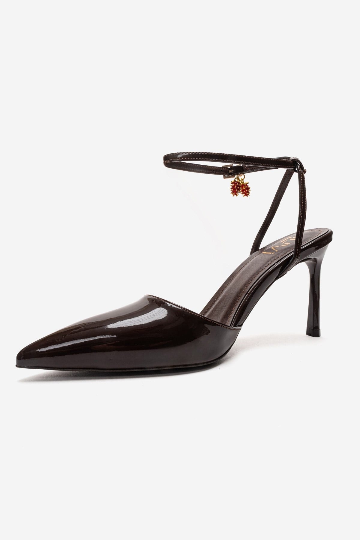 THALIA - Brown Patent Stiletto Pump – top view showing leather, Vowalisse