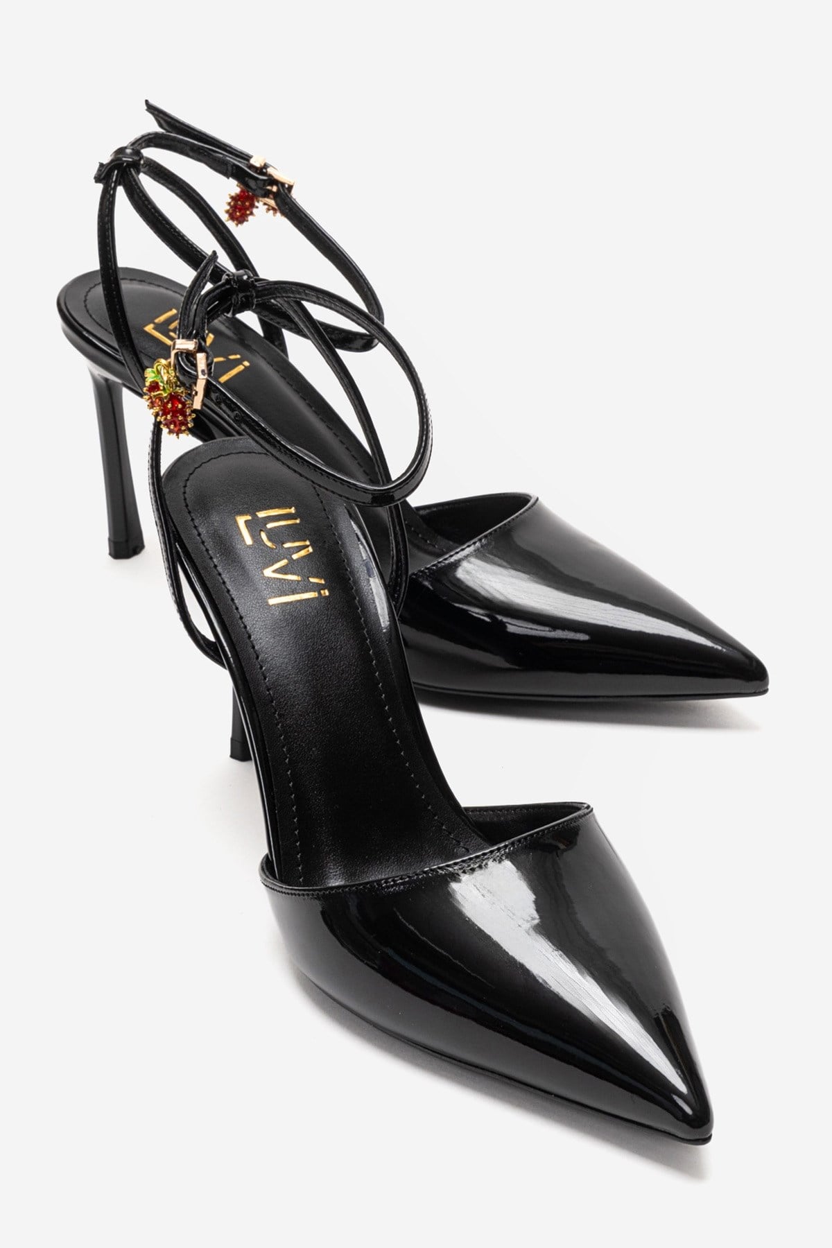THALIA - Black Patent Stiletto Pump – front three-quarter view showing leather, black, Vowalisse