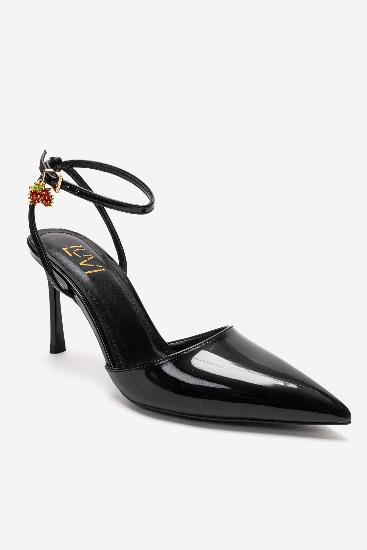 THALIA - Black Patent Stiletto Pump – detail view showing leather, black, Vowalisse