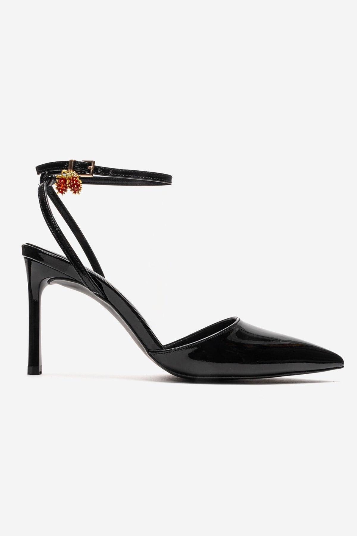 THALIA - Black Patent Stiletto Pump – heel view showing leather, black, Vowalisse