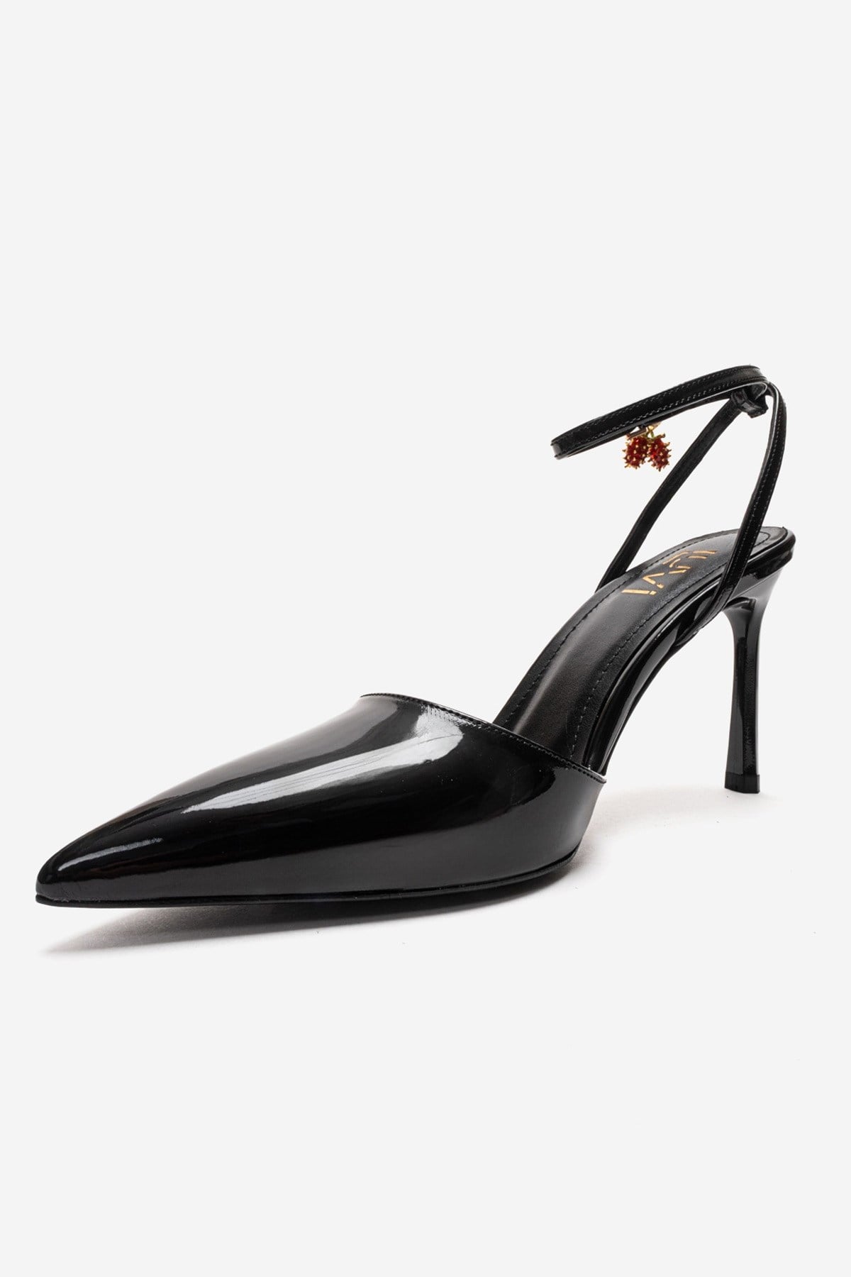 THALIA - Black Patent Stiletto Pump – top view showing leather, black, Vowalisse