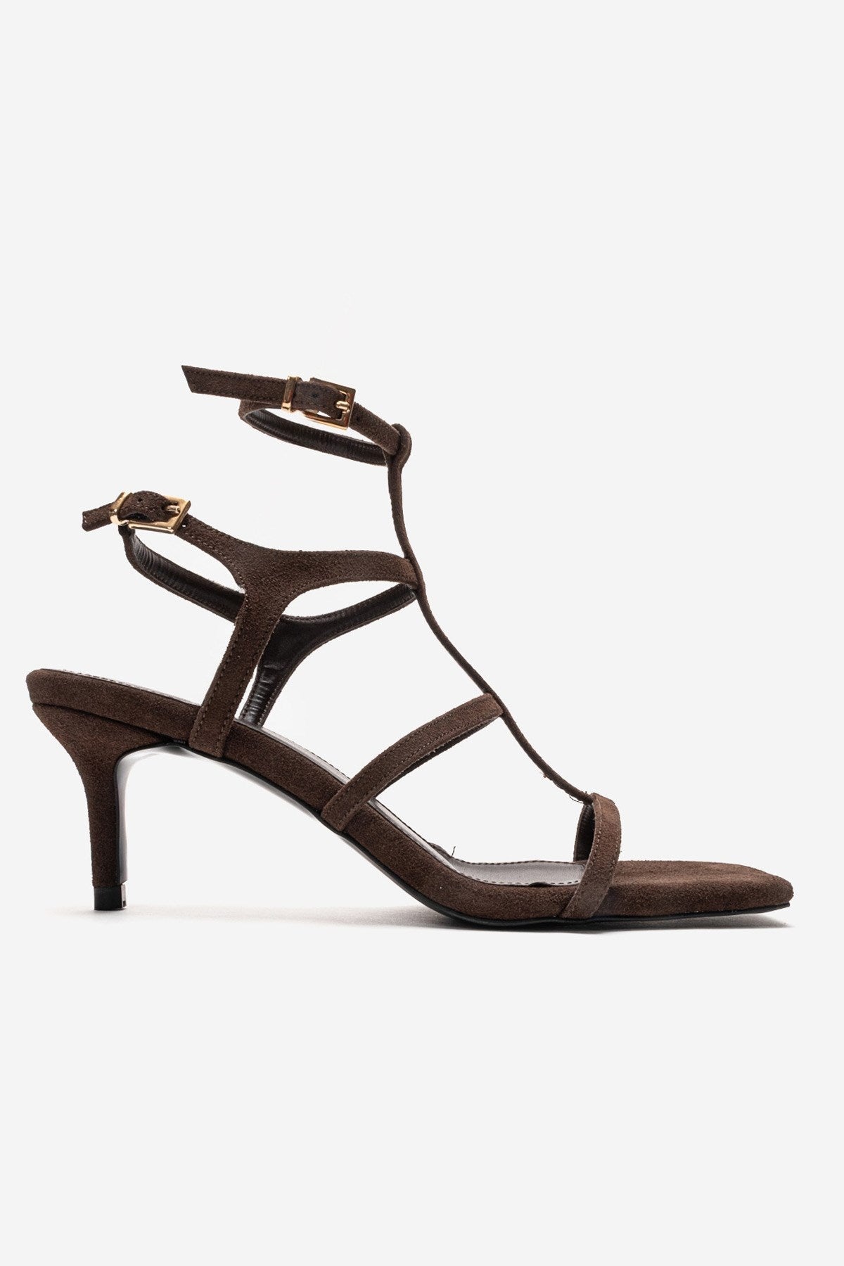 VIENTO - Brown Thin Heel Pump – heel view showing leather, Vowalisse
