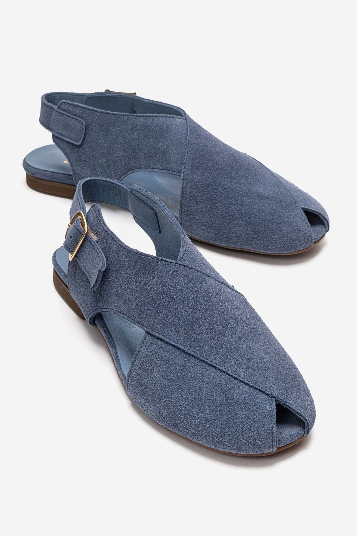 MONARO - Denim Blue Genuine Leather Sandal – front three-quarter view showing leather, suede, blue, Vowalisse