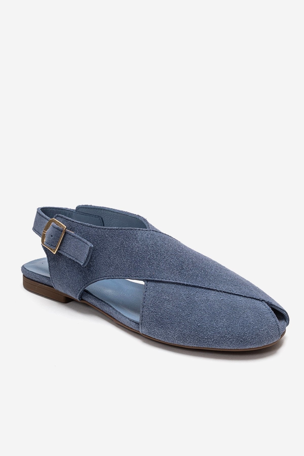 MONARO - Denim Blue Genuine Leather Sandal – detail view showing leather, suede, blue, Vowalisse