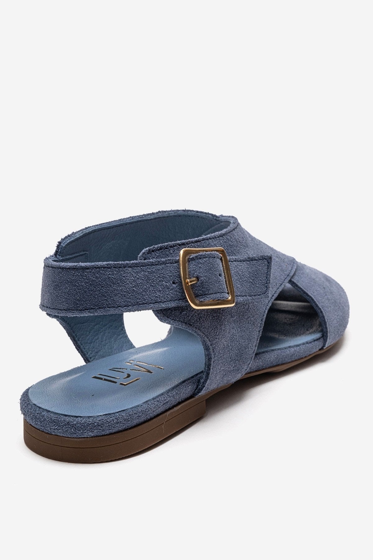 MONARO - Denim Blue Genuine Leather Sandal – back view showing leather, suede, blue, Vowalisse