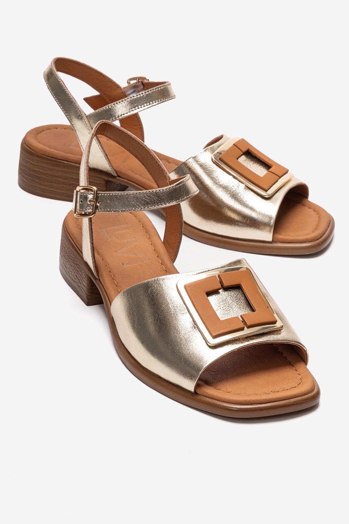 Svelte - Gold Genuine Leather Sandal – front three-quarter view showing leather, metallic, gold, Vowalisse