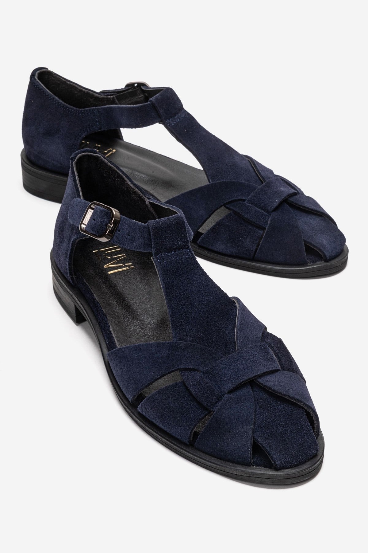 Dexara - Navy Genuine Suede Leather Sandal – front three-quarter view showing leather, suede, Vowalisse