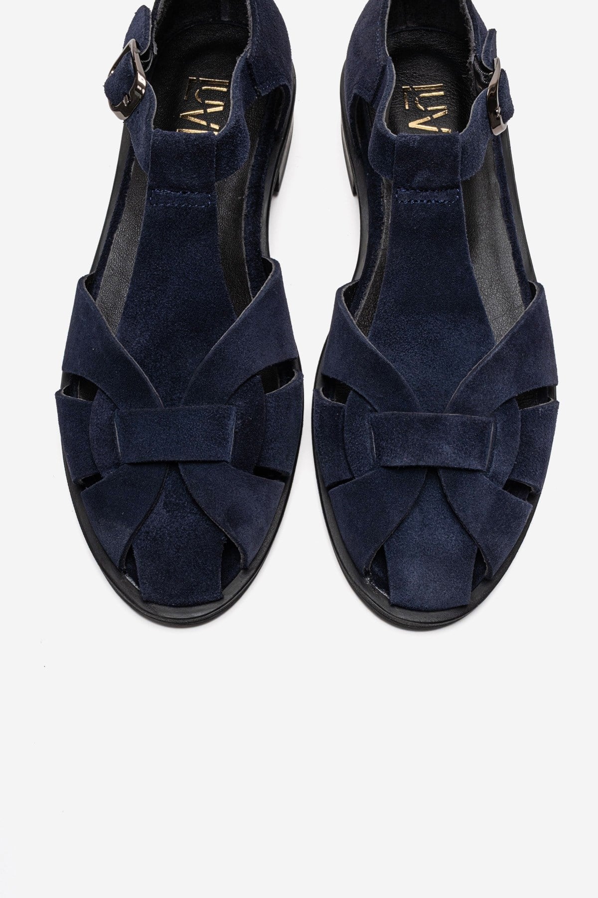 Dexara - Navy Genuine Suede Leather Sandal – side view showing leather, suede, Vowalisse