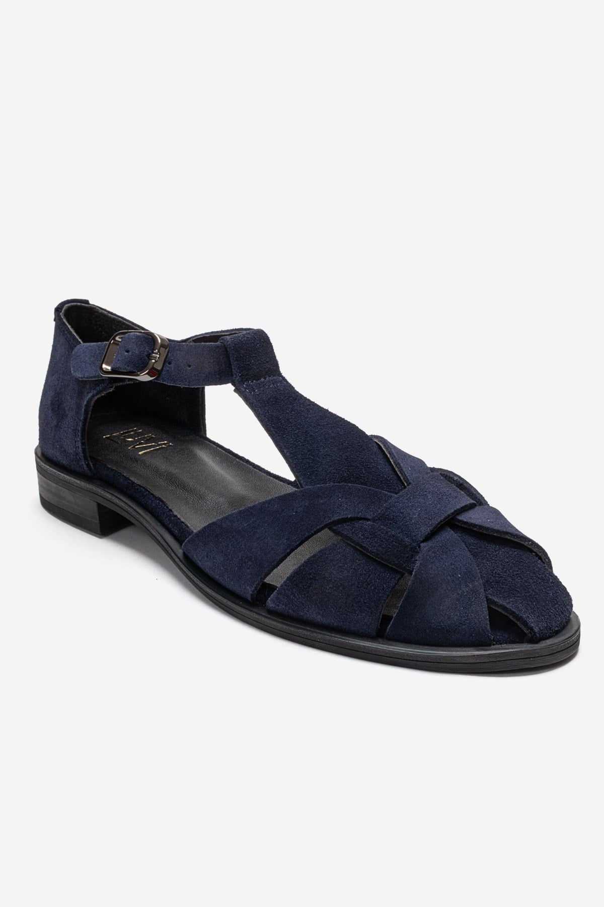 Dexara - Navy Genuine Suede Leather Sandal – detail view showing leather, suede, Vowalisse
