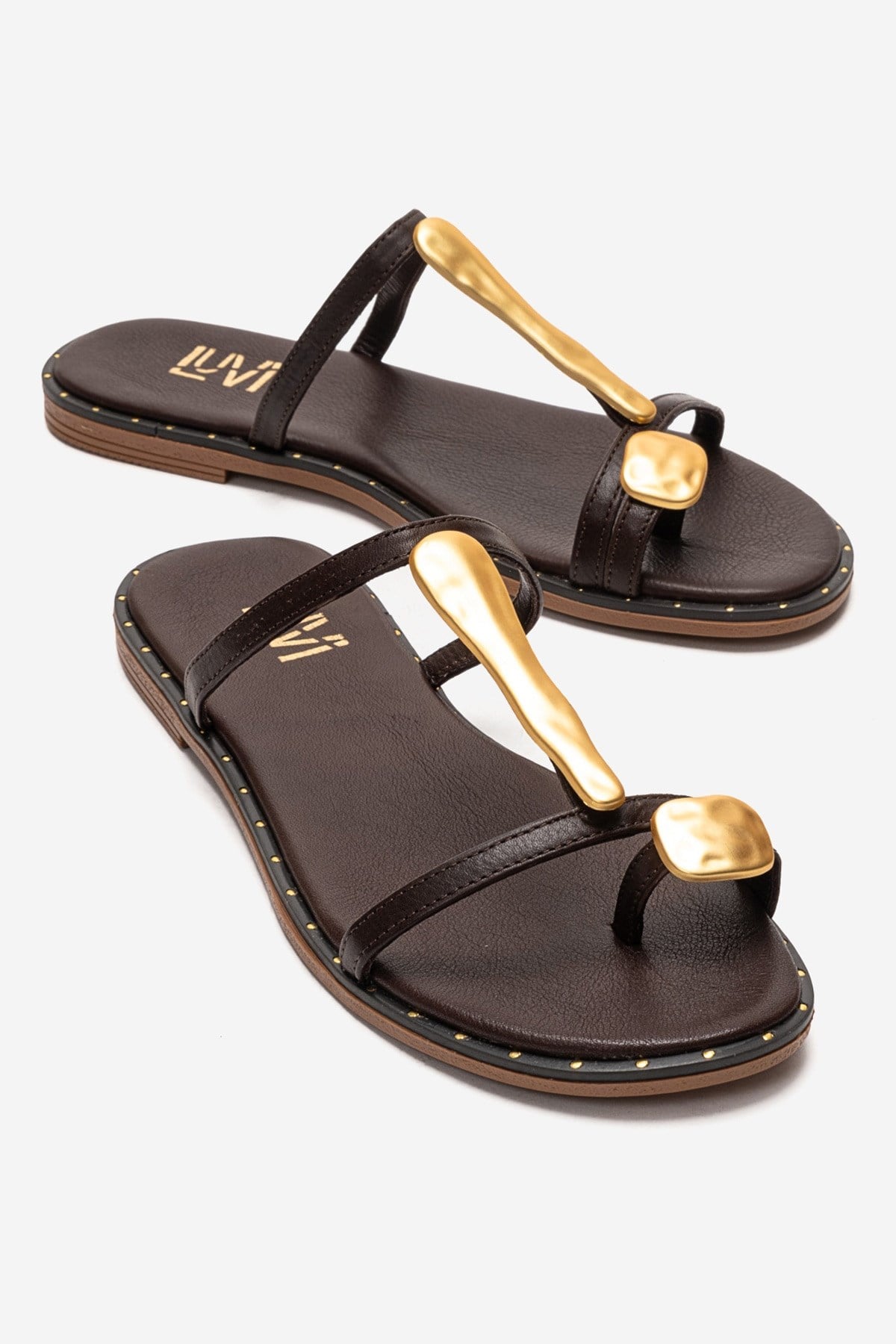 Tessa - Brown Genuine Leather Thong Sandal – front three-quarter view showing leather, Vowalisse