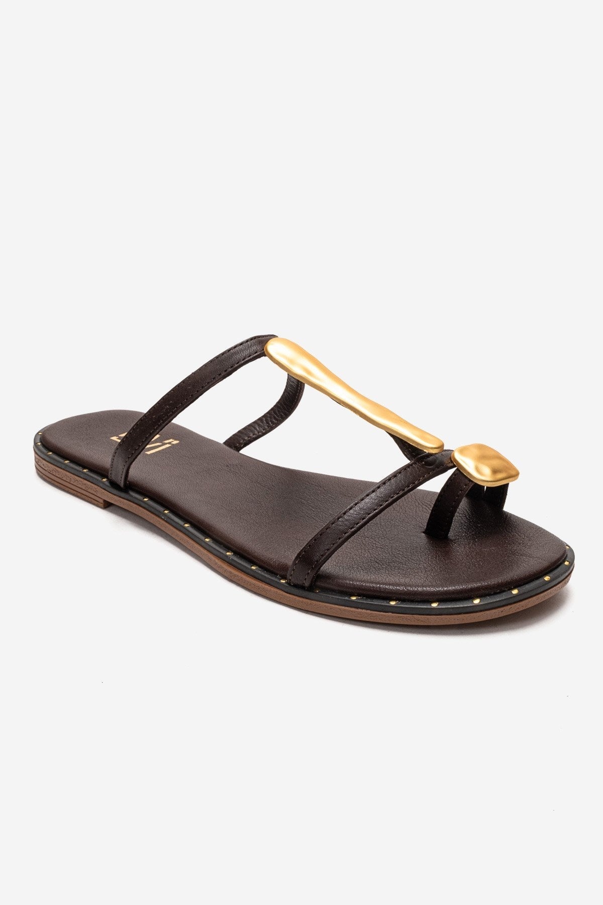 Tessa - Brown Genuine Leather Thong Sandal – detail view showing leather, Vowalisse