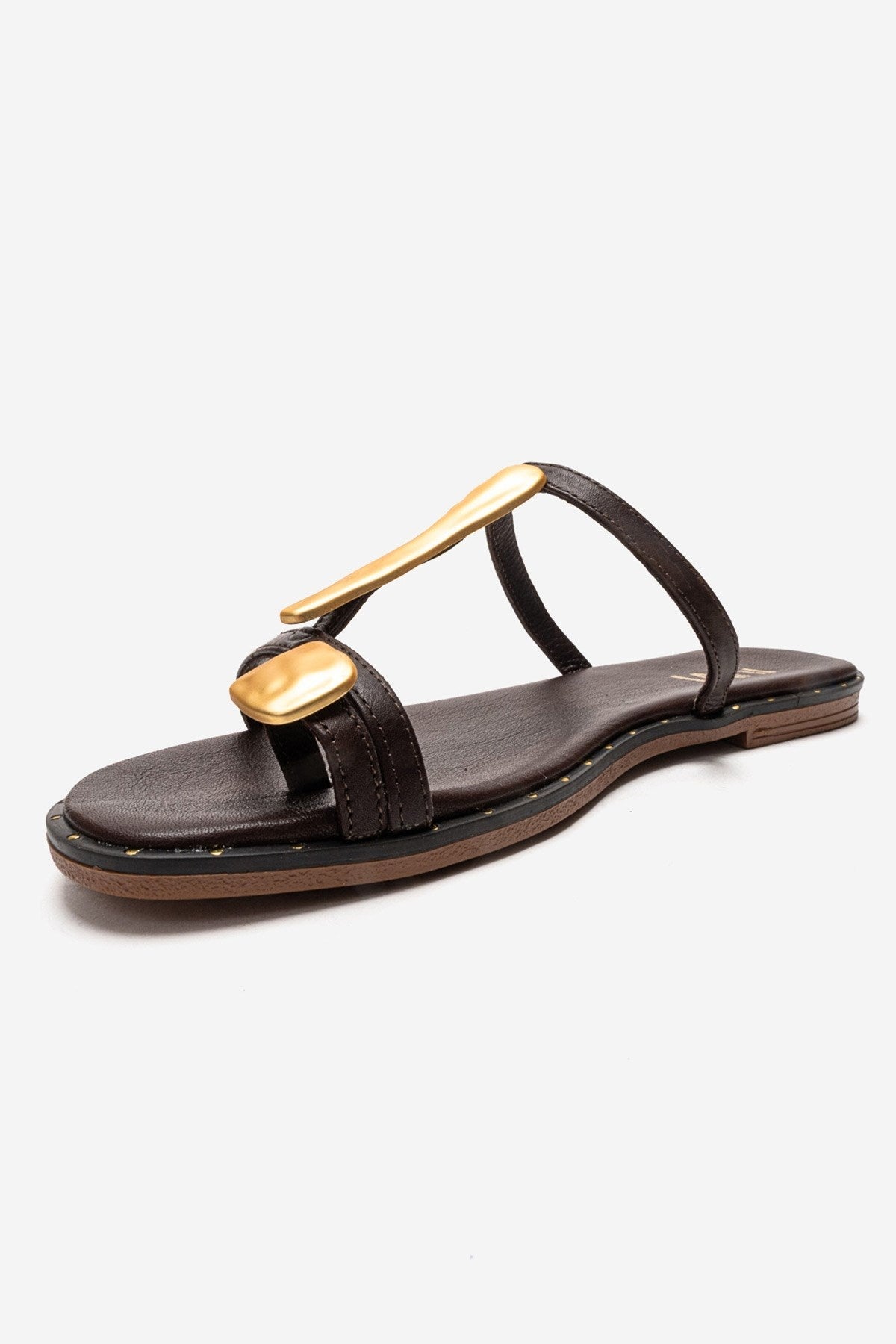 Tessa - Brown Genuine Leather Thong Sandal – top view showing leather, Vowalisse