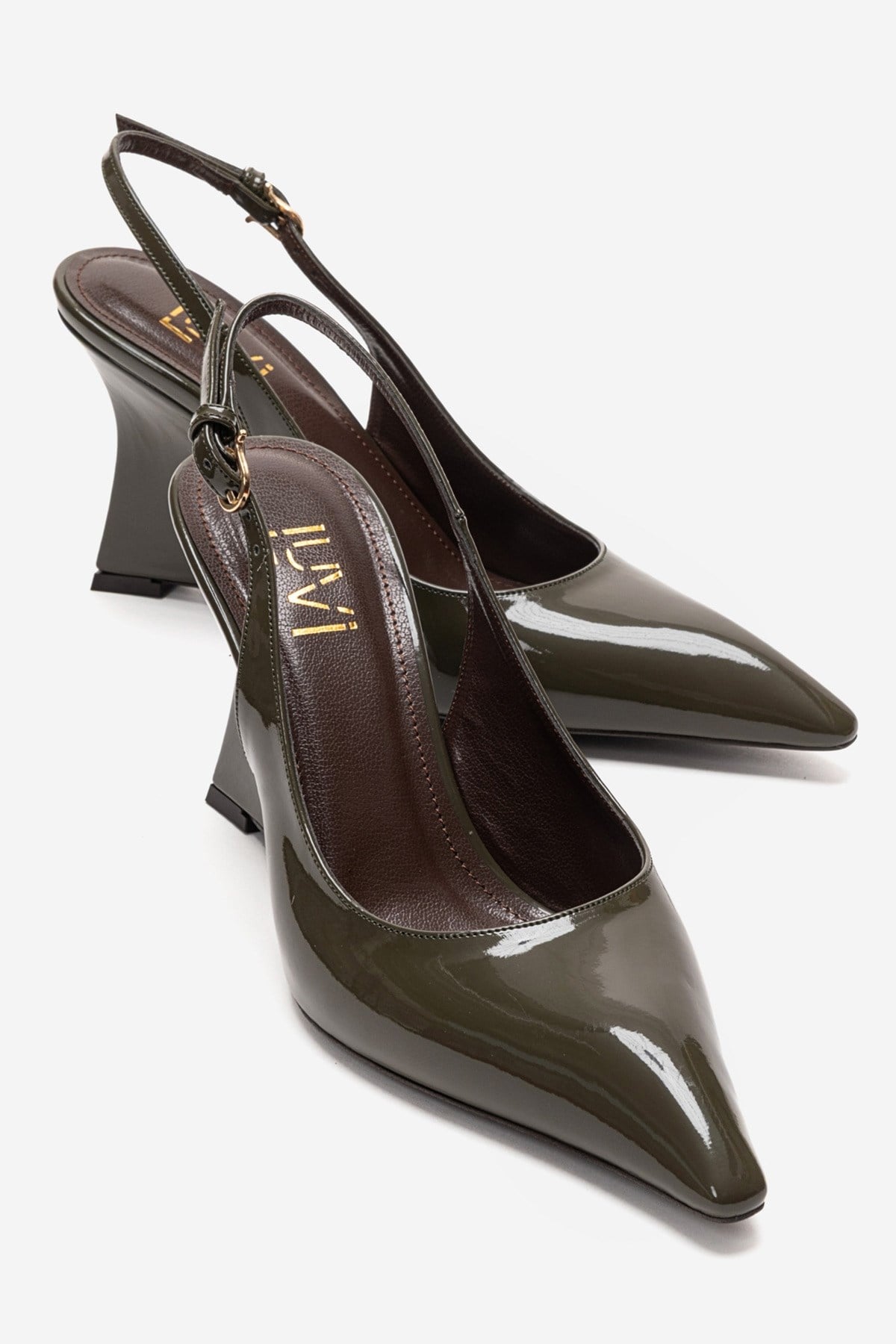 Felon - Khaki Wedge Heel Slingback Pump – front three-quarter view showing leather, Vowalisse