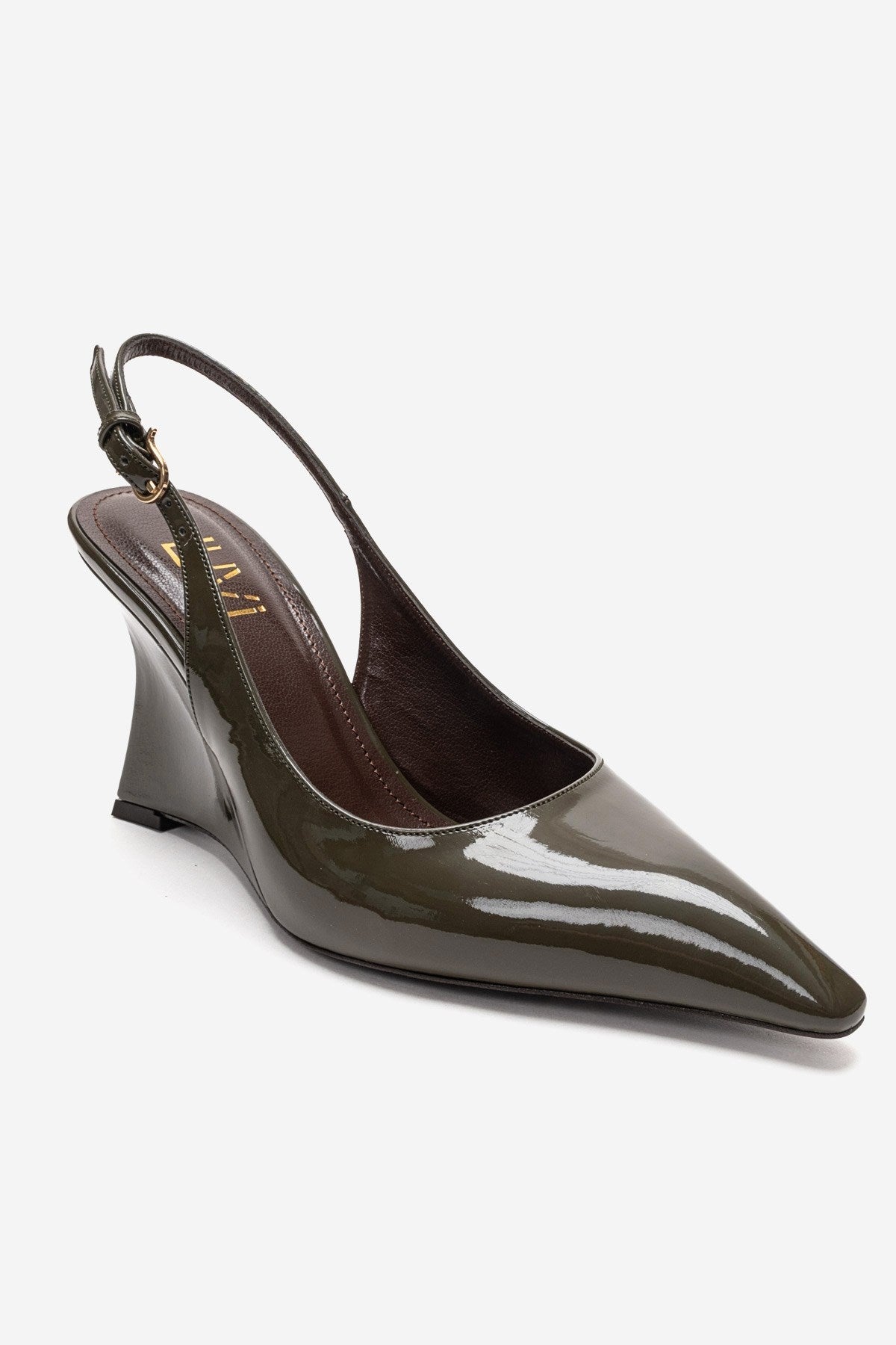 Felon - Khaki Wedge Heel Slingback Pump – detail view showing leather, Vowalisse