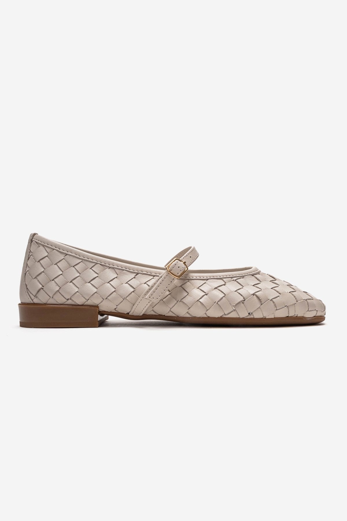 Yevora - Cream Genuine Leather Woven Strap Ballet Flat – heel view showing leather, Vowalisse