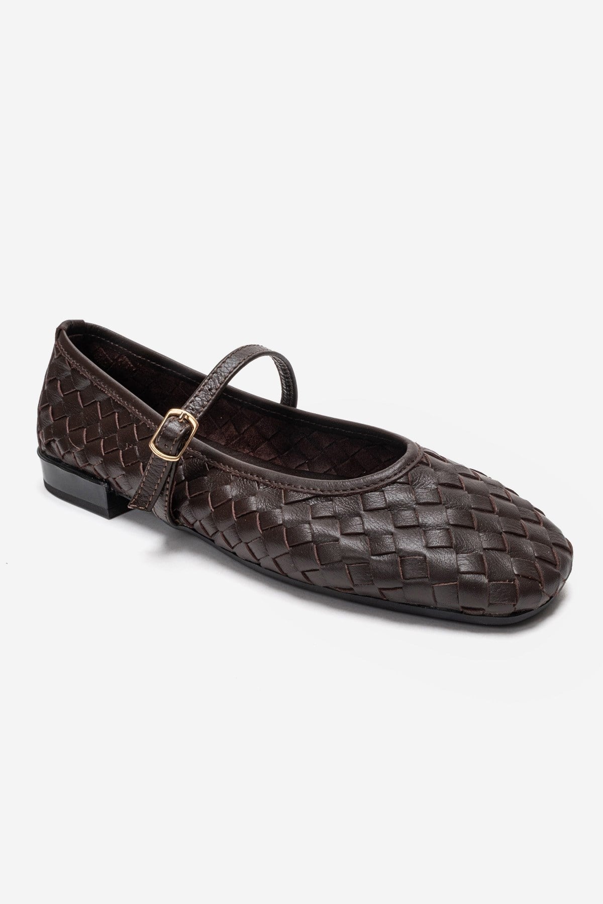 Yevora - Brown Genuine Leather Woven Strap Ballet Flat – side view showing leather, Vowalisse