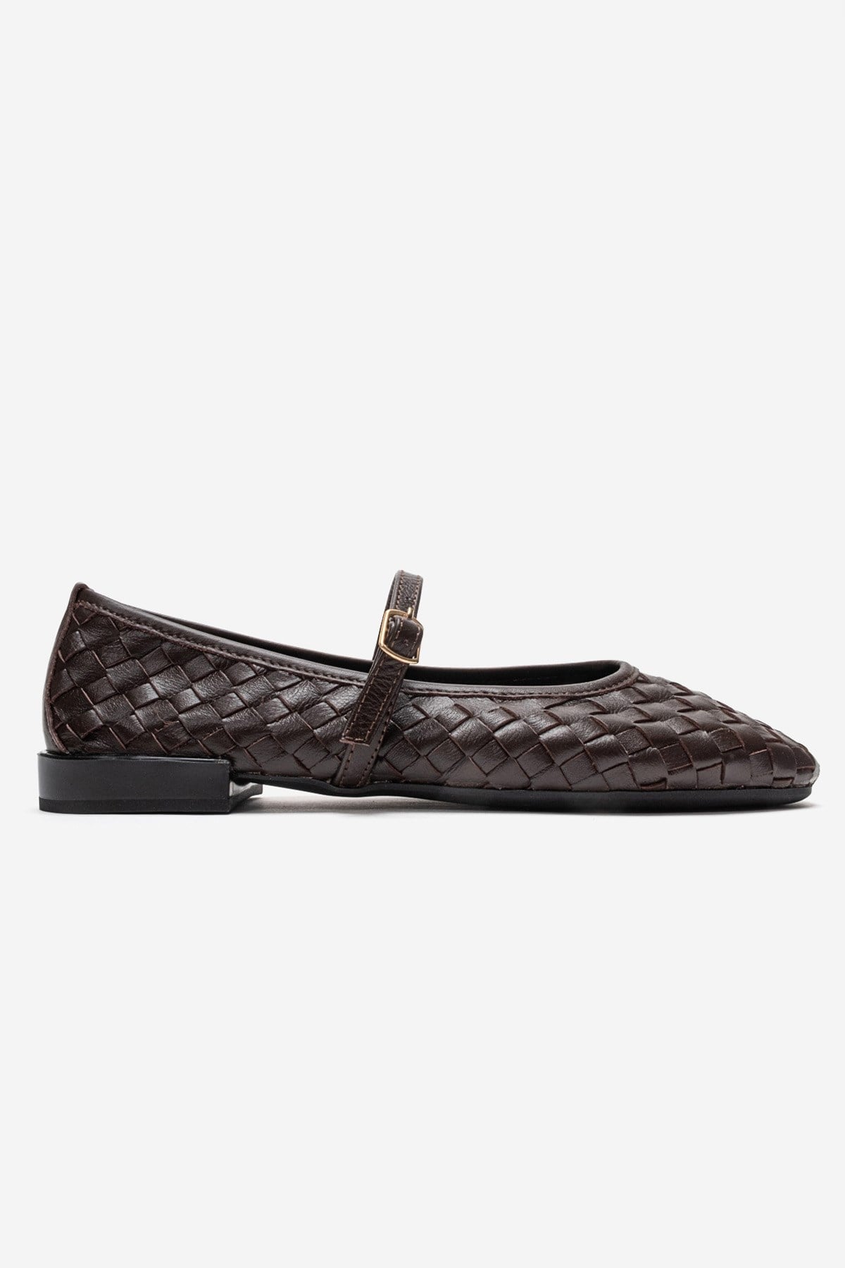 Yevora - Brown Genuine Leather Woven Strap Ballet Flat – detail view showing leather, Vowalisse