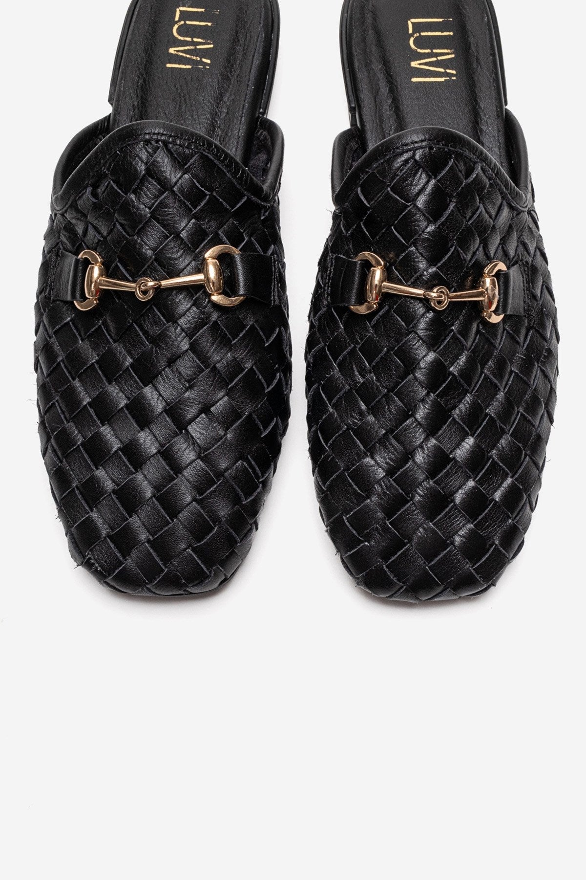 SENIA - Black Woven Genuine Leather Buckled Closed-Toe Mule – side view showing leather, black, gold, Vowalisse