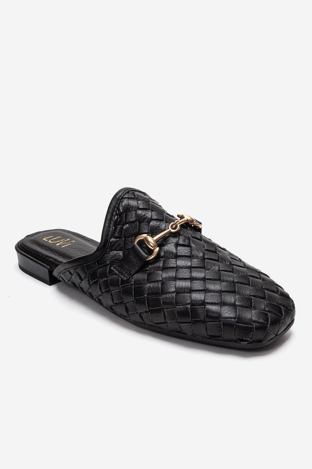 SENIA - Black Woven Genuine Leather Buckled Closed-Toe Mule – detail view showing leather, black, gold, Vowalisse
