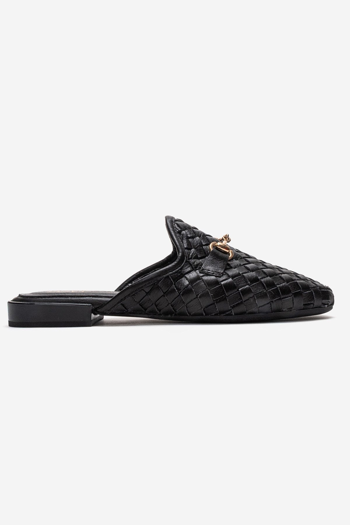 SENIA - Black Woven Genuine Leather Buckled Closed-Toe Mule – heel view showing leather, black, gold, Vowalisse