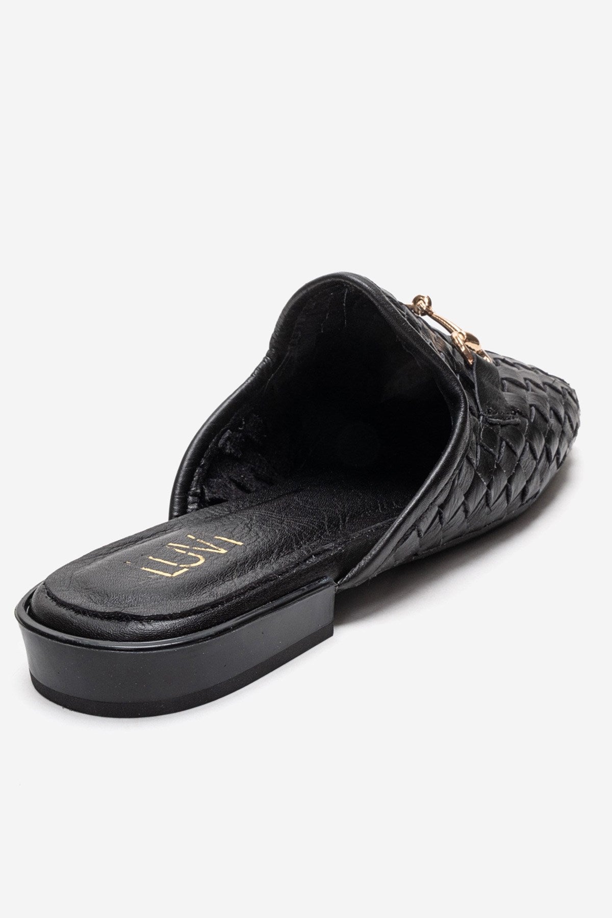 SENIA - Black Woven Genuine Leather Buckled Closed-Toe Mule – back view showing leather, black, gold, Vowalisse