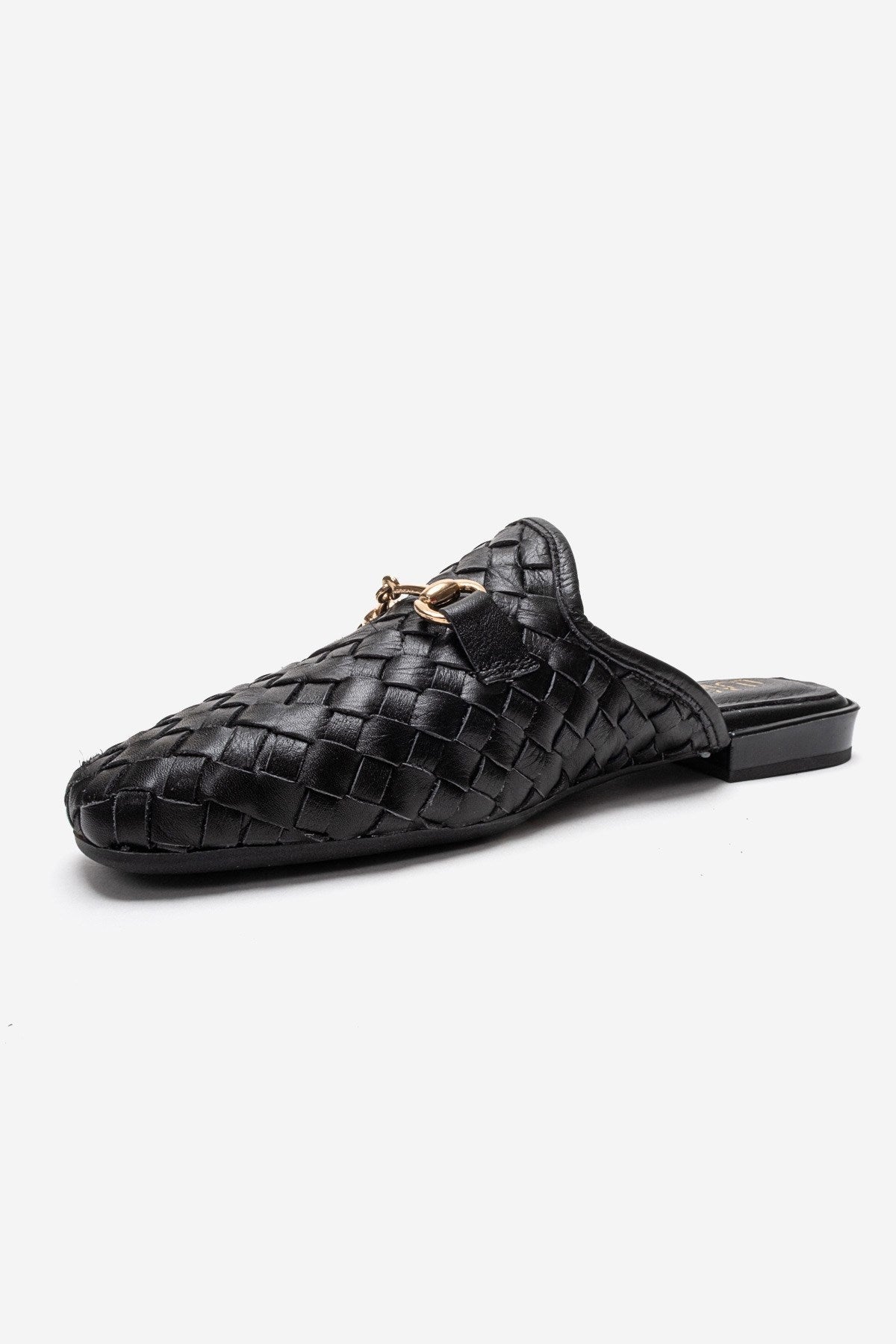 SENIA - Black Woven Genuine Leather Buckled Closed-Toe Mule – top view showing leather, black, gold, Vowalisse