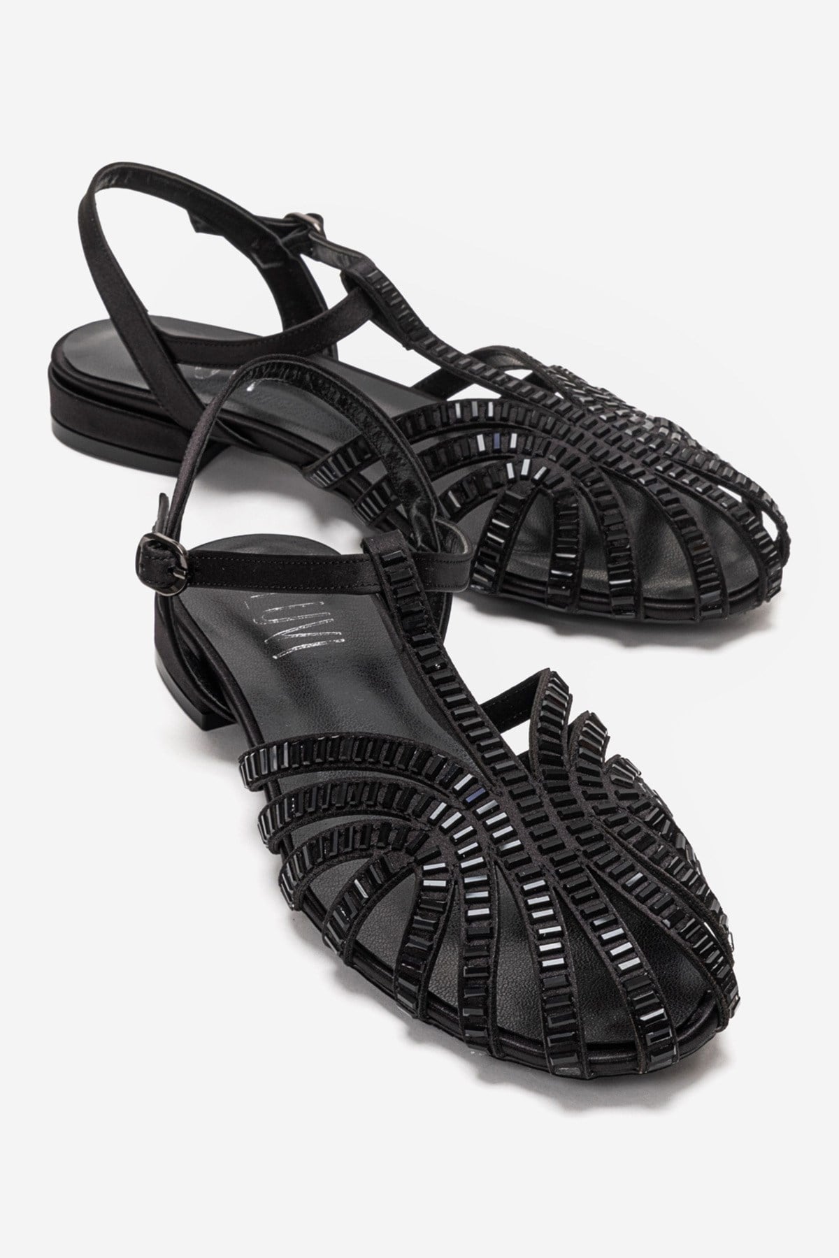 LAVINA - Black Satin Embellished Sandal – front three-quarter view showing satin, leather, black, Vowalisse