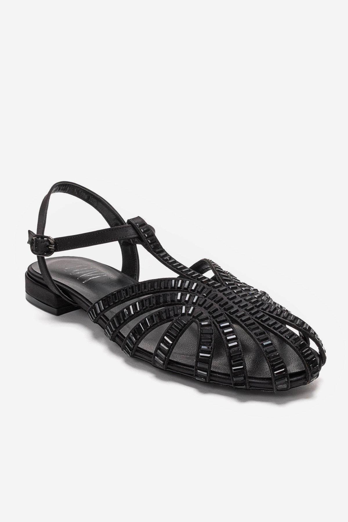 LAVINA - Black Satin Embellished Sandal – detail view showing satin, leather, black, Vowalisse
