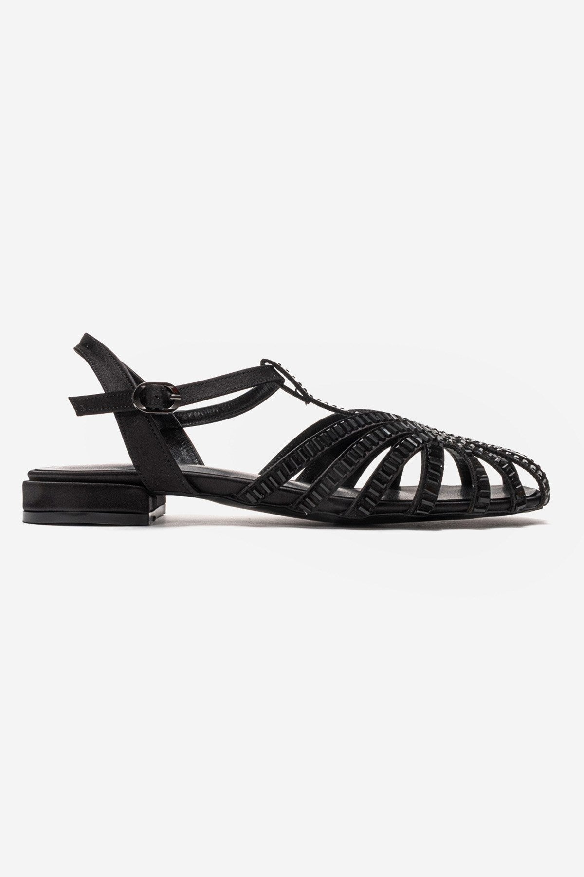 LAVINA - Black Satin Embellished Sandal – heel view showing satin, leather, black, Vowalisse