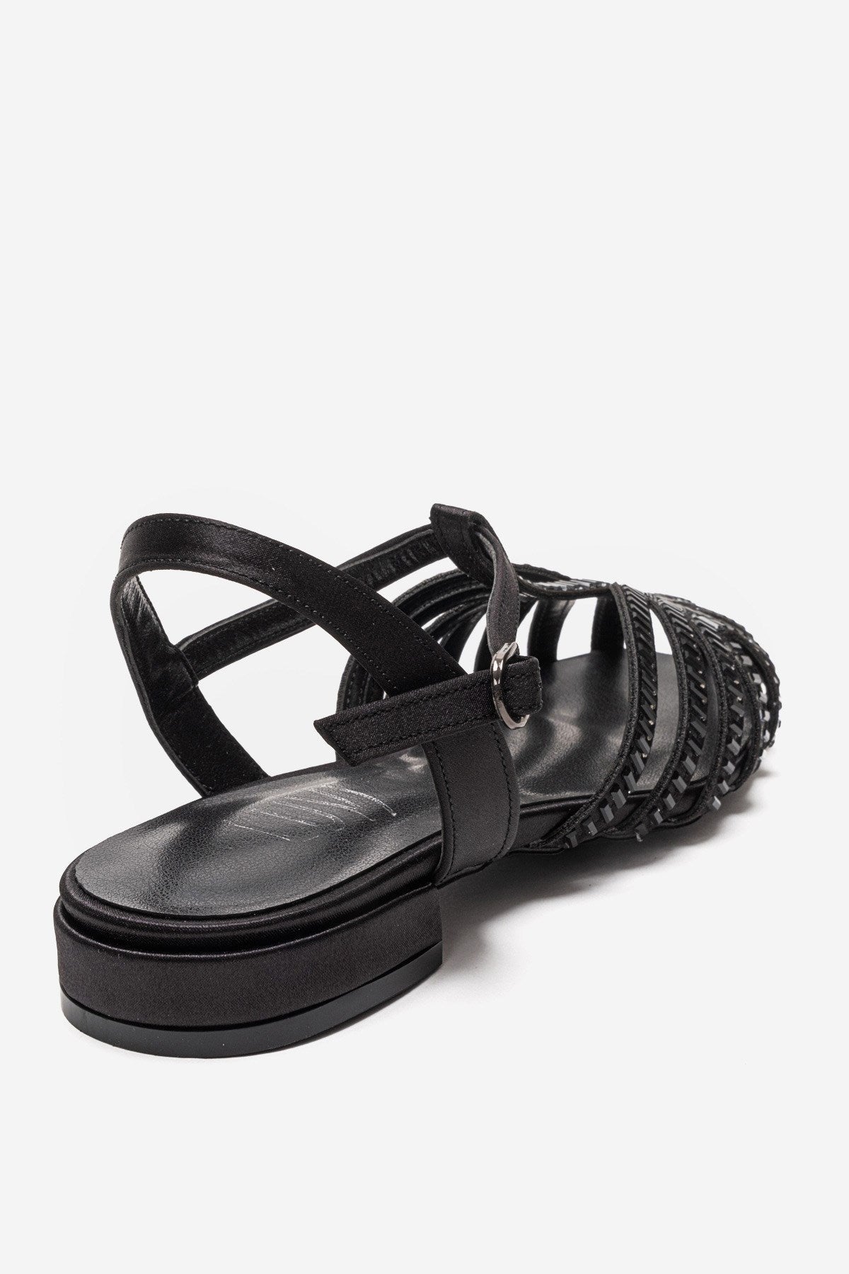 LAVINA - Black Satin Embellished Sandal – back view showing satin, leather, black, Vowalisse