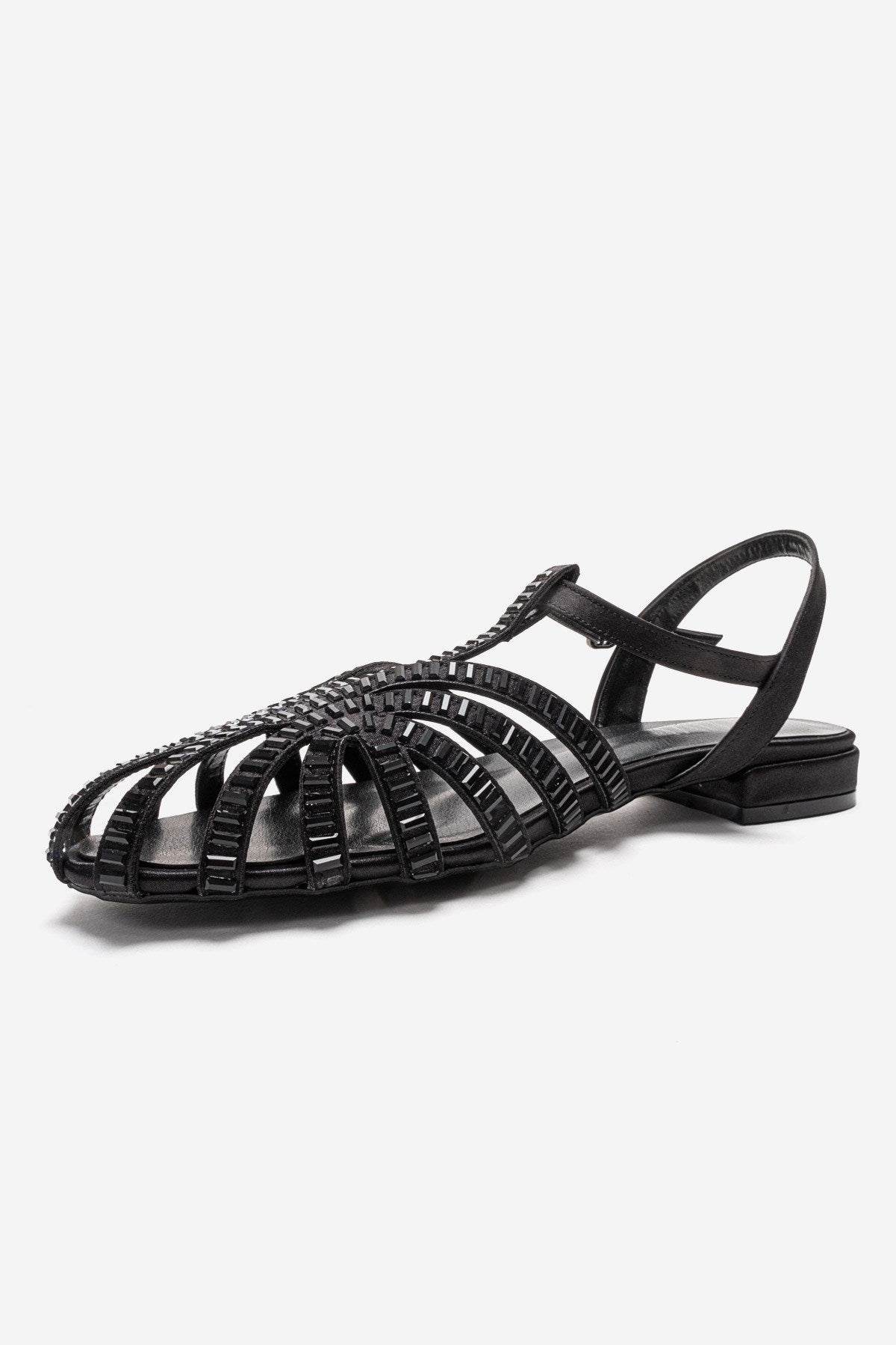 LAVINA - Black Satin Embellished Sandal – top view showing satin, leather, black, Vowalisse
