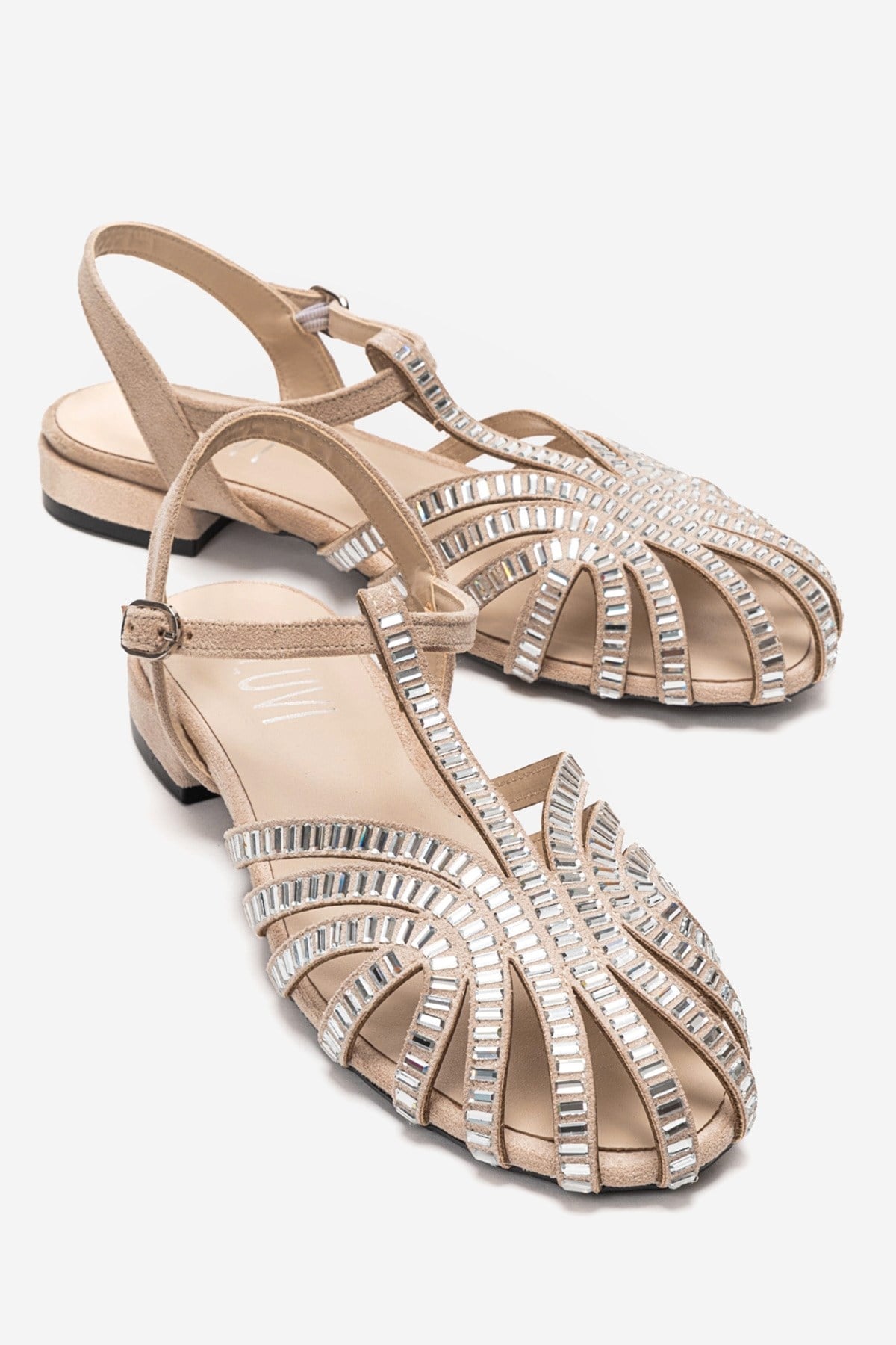 LAVINA - Beige Suede Embellished Sandal – front three-quarter view showing leather, suede, Vowalisse