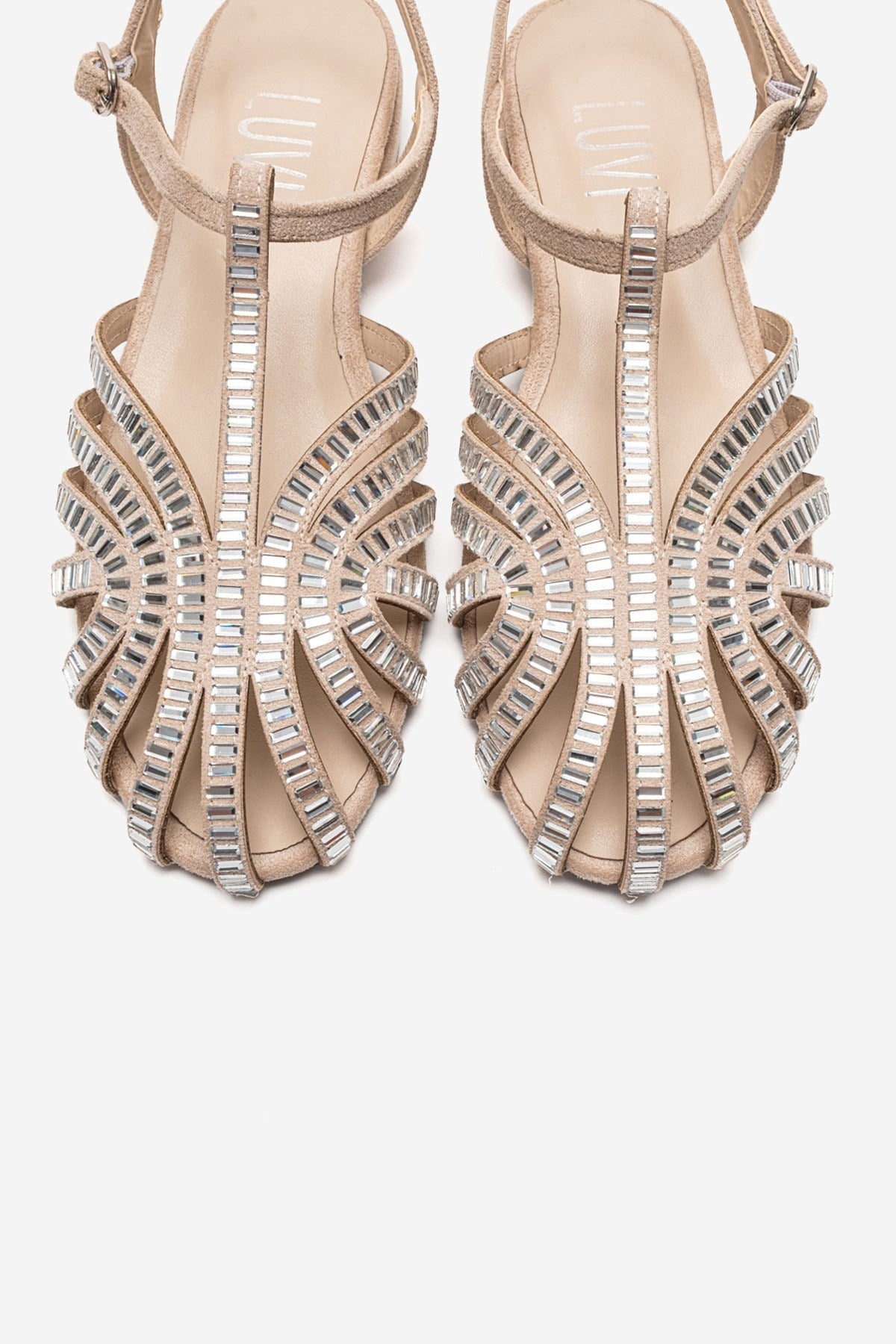 LAVINA - Beige Suede Embellished Sandal – side view showing leather, suede, Vowalisse
