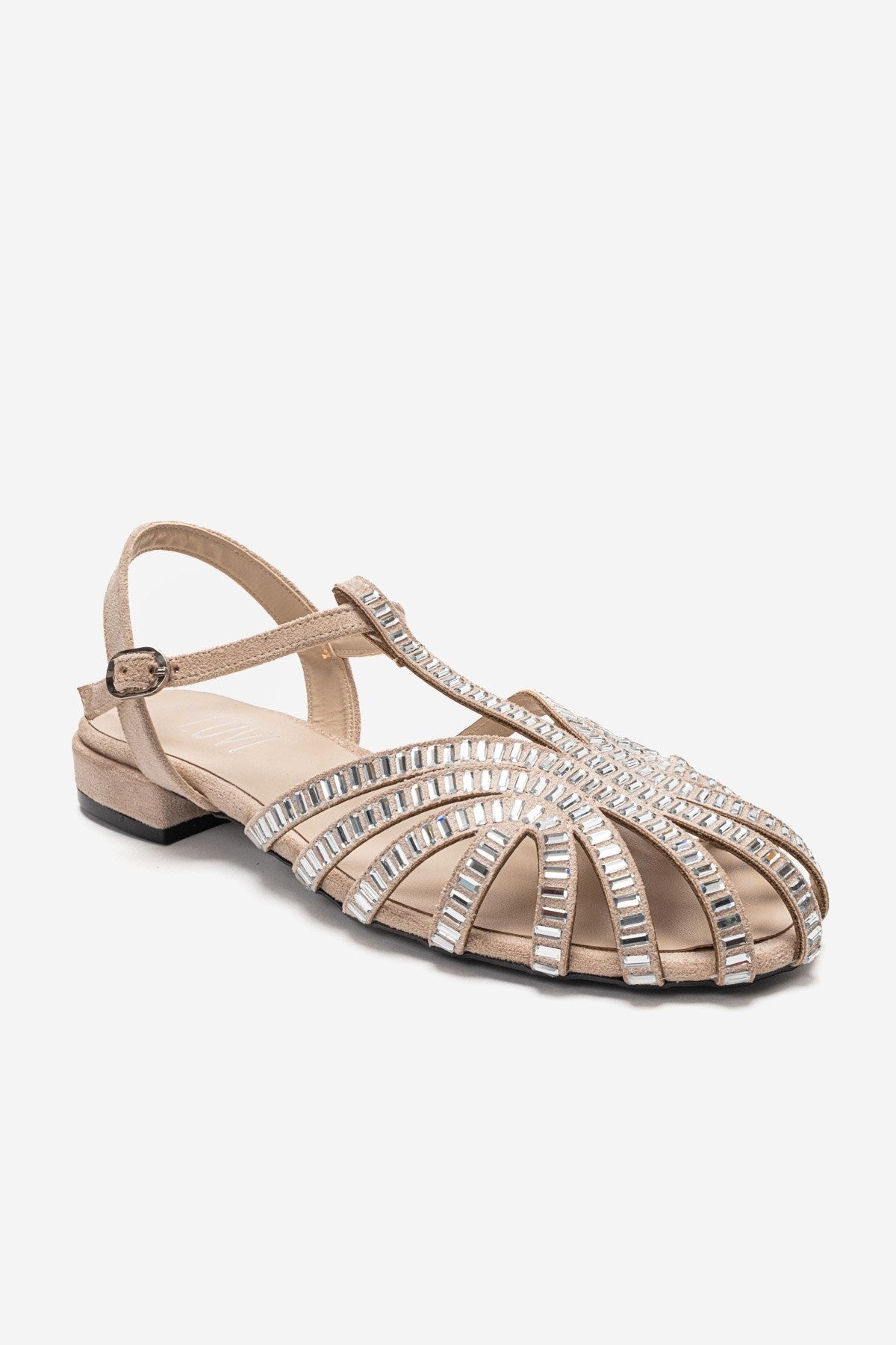 LAVINA - Beige Suede Embellished Sandal – detail view showing leather, suede, Vowalisse