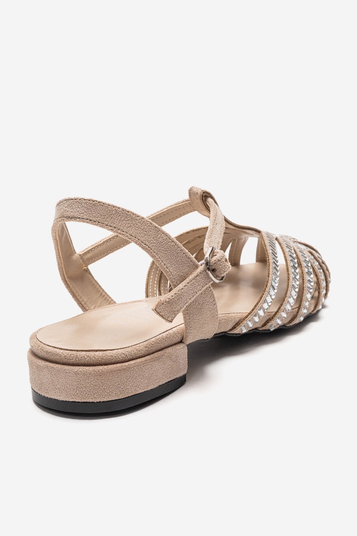 LAVINA - Beige Suede Embellished Sandal – back view showing leather, suede, Vowalisse