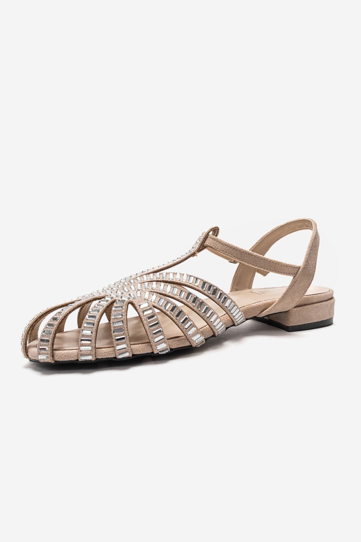 LAVINA - Beige Suede Embellished Sandal – top view showing leather, suede, Vowalisse