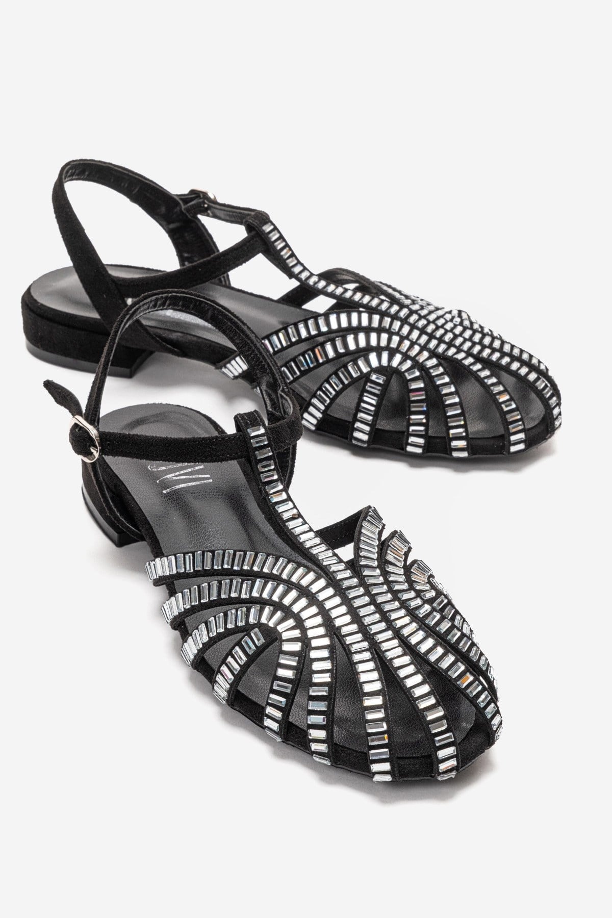 LAVINA - Black Suede Embellished Sandal – front three-quarter view showing leather, suede, black, Vowalisse