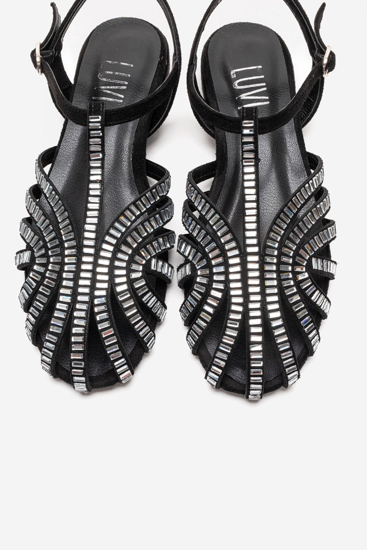 LAVINA - Black Suede Embellished Sandal – side view showing leather, suede, black, Vowalisse