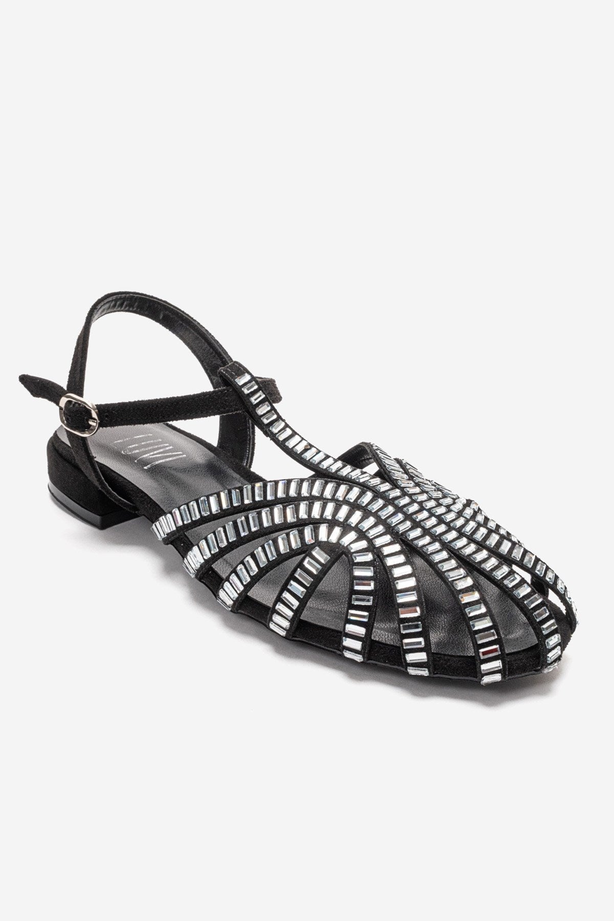 LAVINA - Black Suede Embellished Sandal – detail view showing leather, suede, black, Vowalisse