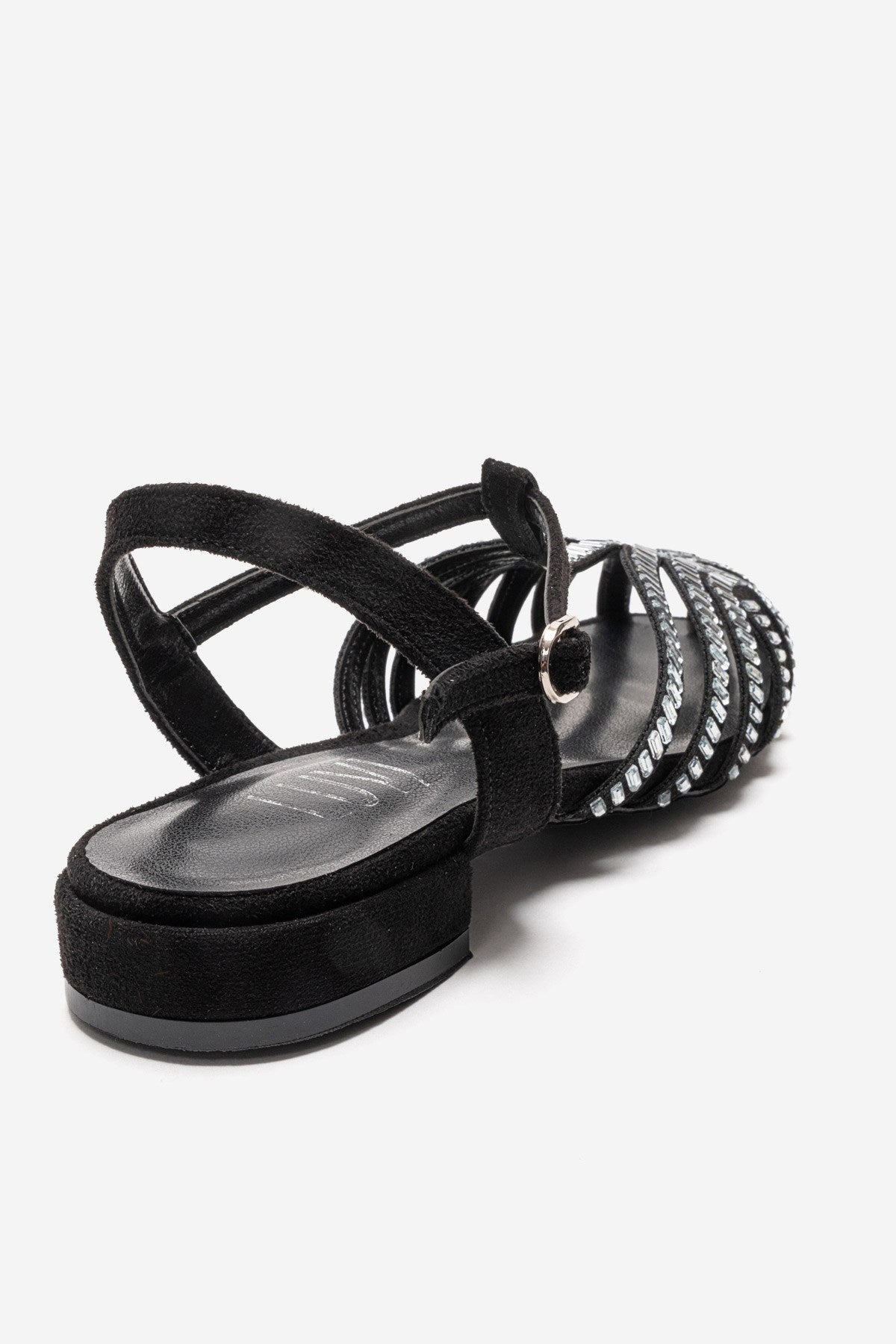 LAVINA - Black Suede Embellished Sandal – back view showing leather, suede, black, Vowalisse