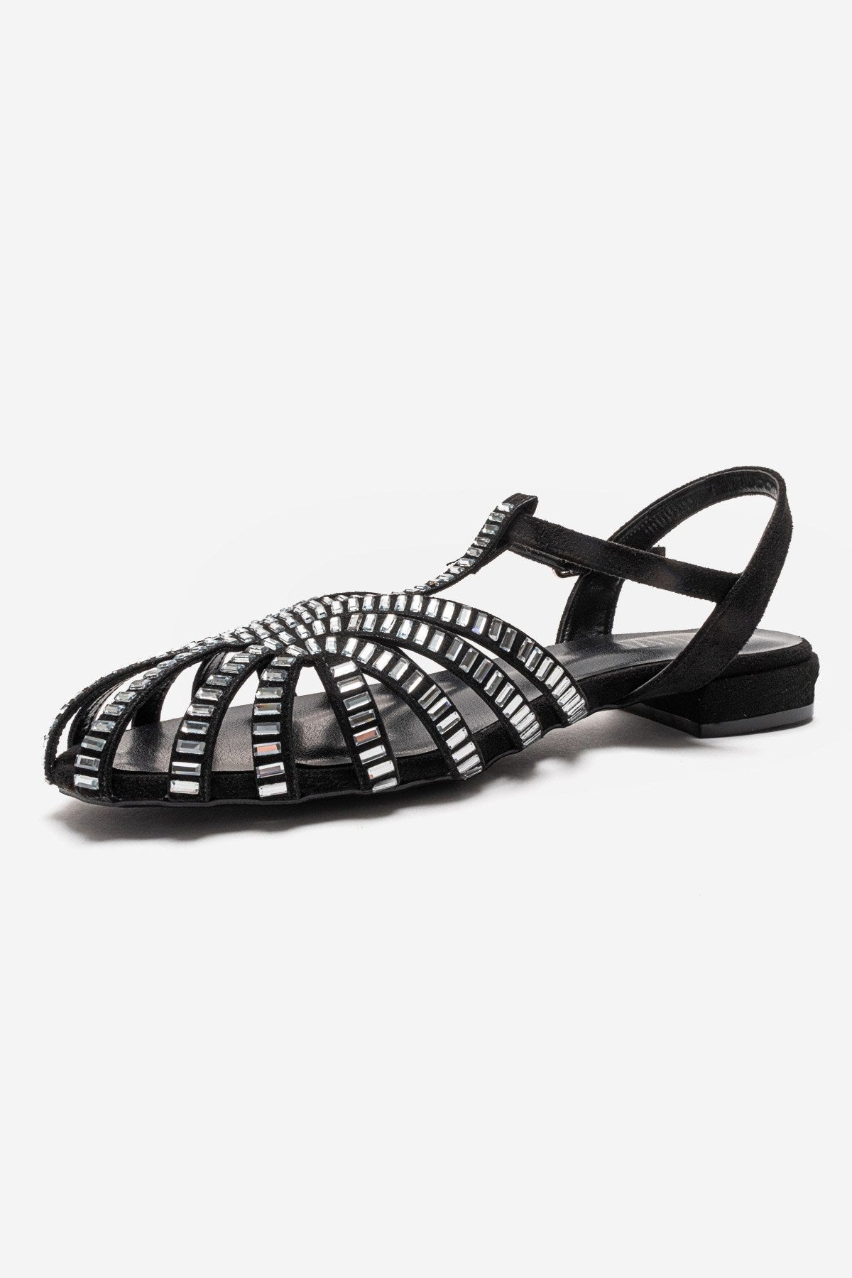 LAVINA - Black Suede Embellished Sandal – top view showing leather, suede, black, Vowalisse