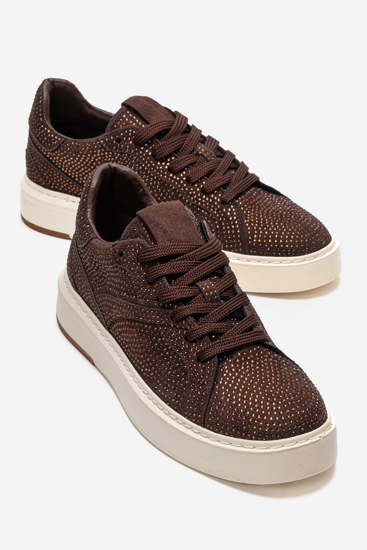 BERINA - Brown Embellished Sneaker – front three-quarter view showing leather, suede, Vowalisse