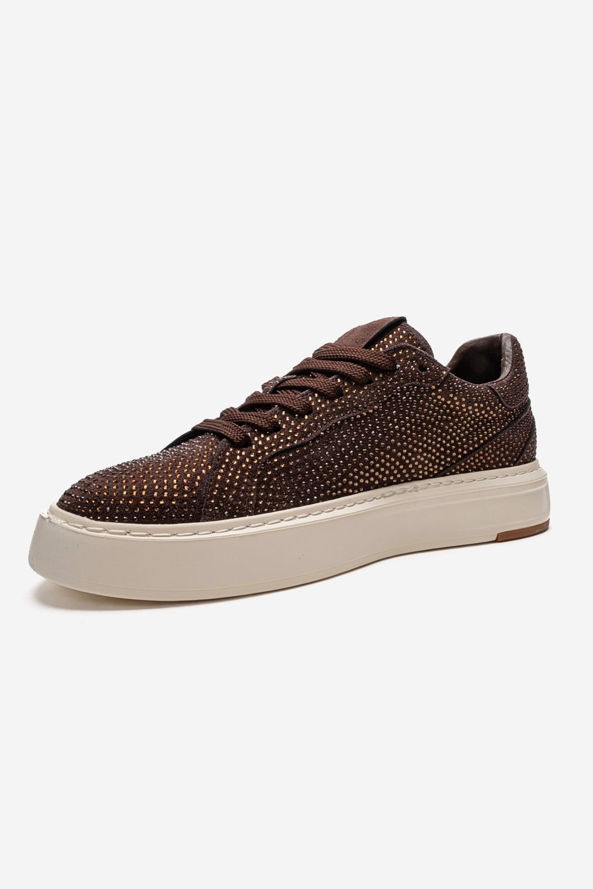 BERINA - Brown Embellished Sneaker – top view showing leather, suede, Vowalisse